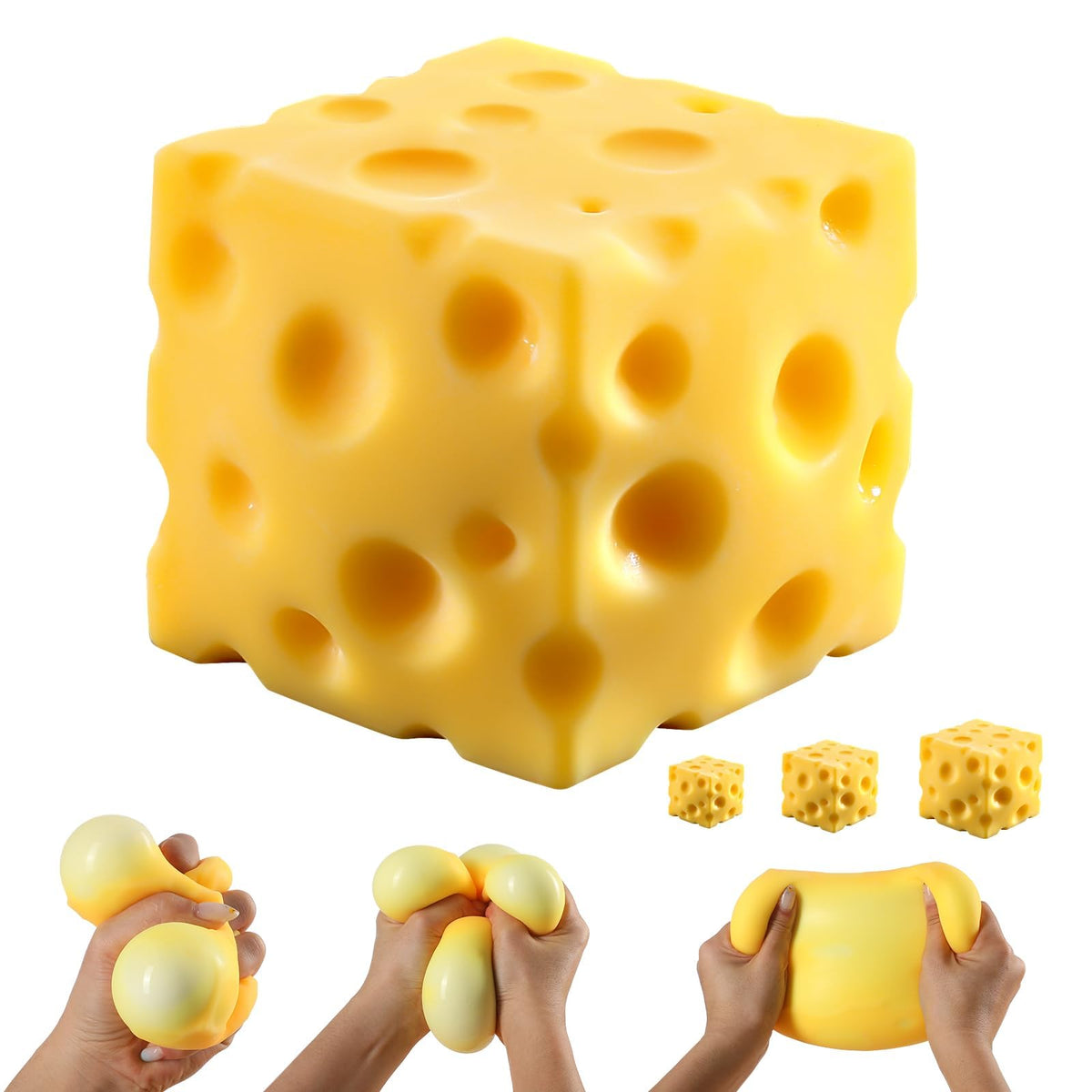 Cheese Squishy Cube Block, Squishy Fidget Toys for Adults, Easter Basket Stocking Stuffers, Sensory Stress Ball Squeeze Toys for Stress Relief (Yellow 2.4 in)