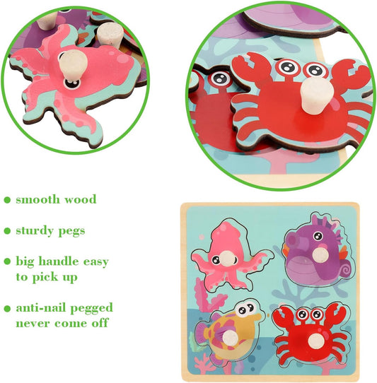 Wooden Peg Puzzles for Toddlers 1-3, Kids' Educational Preschool Peg Puzzle Toy, Set of 4 Toddler Puzzles - Farm, Dinosaur, Fruit and Marine Animals, Ideal Gift for Ages 1 2 3 Boys and Girls
