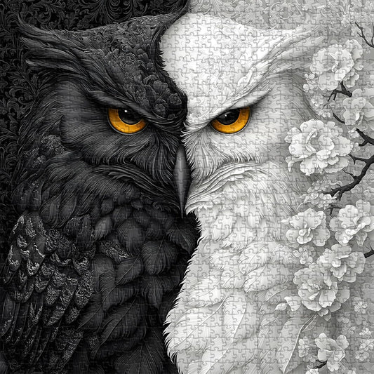 Yin Yang Owl Puzzle for Adults 1000 Pieces,Black and White Puzzles Owl Flowers, Impossible Difficult Hard Bird Jigsaw Puzzle, Animal Floral Art Challenge Puzzle Aesthetic