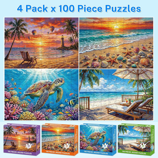 4-Pack 100 Piece Puzzles for Adults Seniors, Nature Landscape Jigsaw Puzzles 100 Pieces, Beach Resort Turtle Sunset Lighthouse Large Piece Jigsaw Puzzles for Seniors Adults Family Game Gifts 15"x11"
