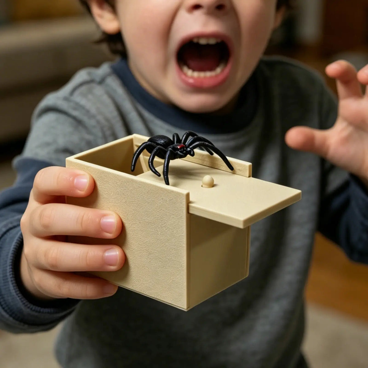 3-Inch Lifelike Plastic Spider Gag Toy with Handmade Gag Box - Fur-Textured Legs, Glossy Eyes, 3-Inch Leap Jump Mechanism, Unisex Prank Props for Dorm Room Shock Game Nights, Creative Prank Gift