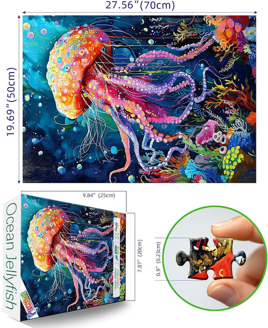 1000 Piece Jigsaw Puzzle for Adults Cute Jellyfish Colorful Ocean Underwater Scene Sea Life Coral Reefs Beautiful Marine Creatures Landscape Puzzle for Family Game Night(27.6" x 19.7")