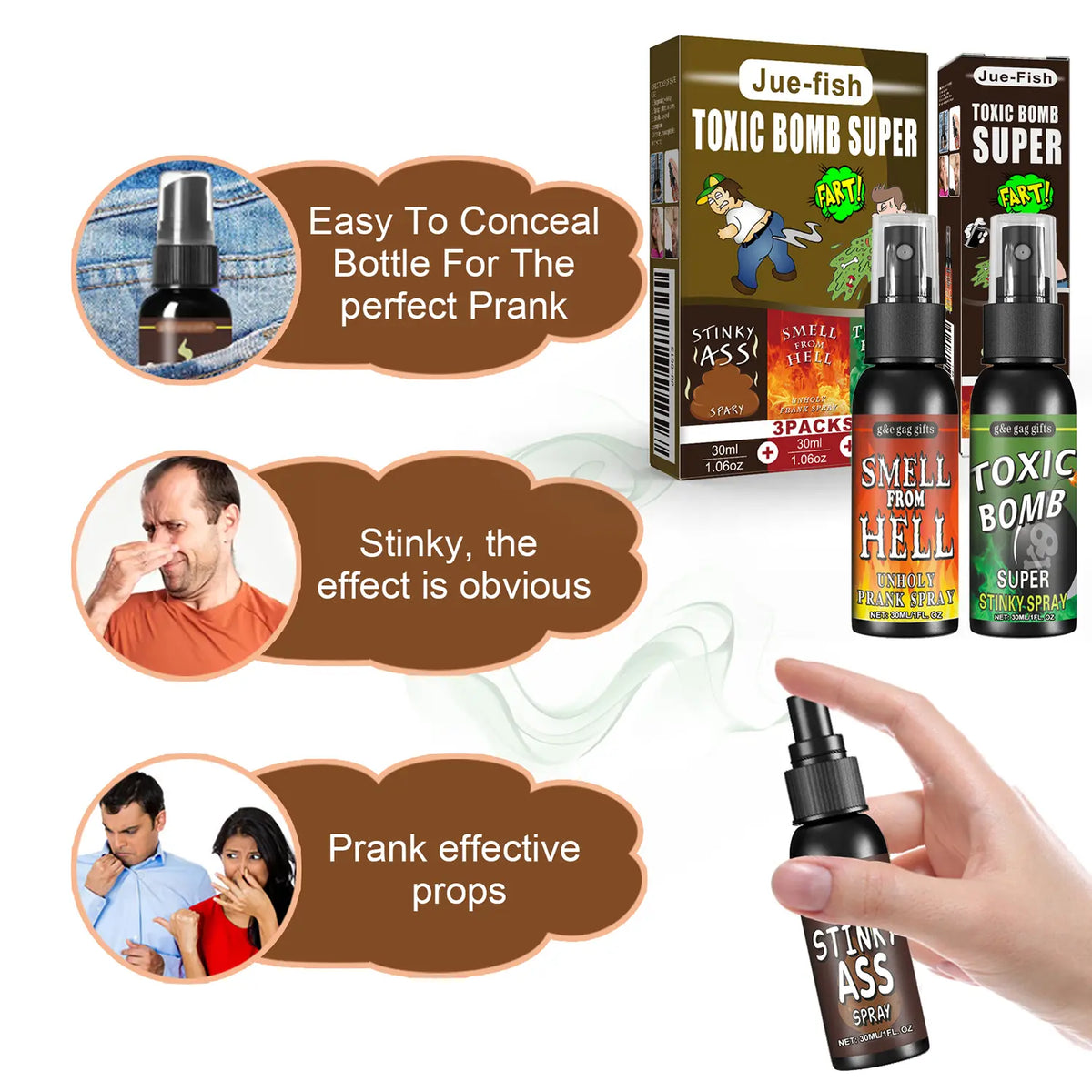Unisex 3-Pack Strong-Smelling Fart Spray - Quirky Prank Gifts, Toys for Grown Ups, School Pranks, April Fools’ Day Gift