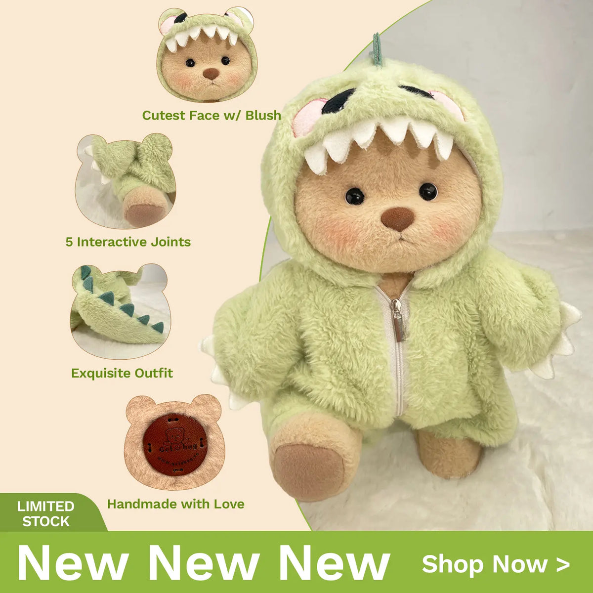 Getahug 12-in Medium Teddybear Stuffed Animal - Cute and Cuddly Hug Me Plushie with Interchangeable Outfits (Hat, Blue Shark, Pink Dinosaur, Elephant, Heart-Shape Sweater) - Unique Gifts for Girlfriend