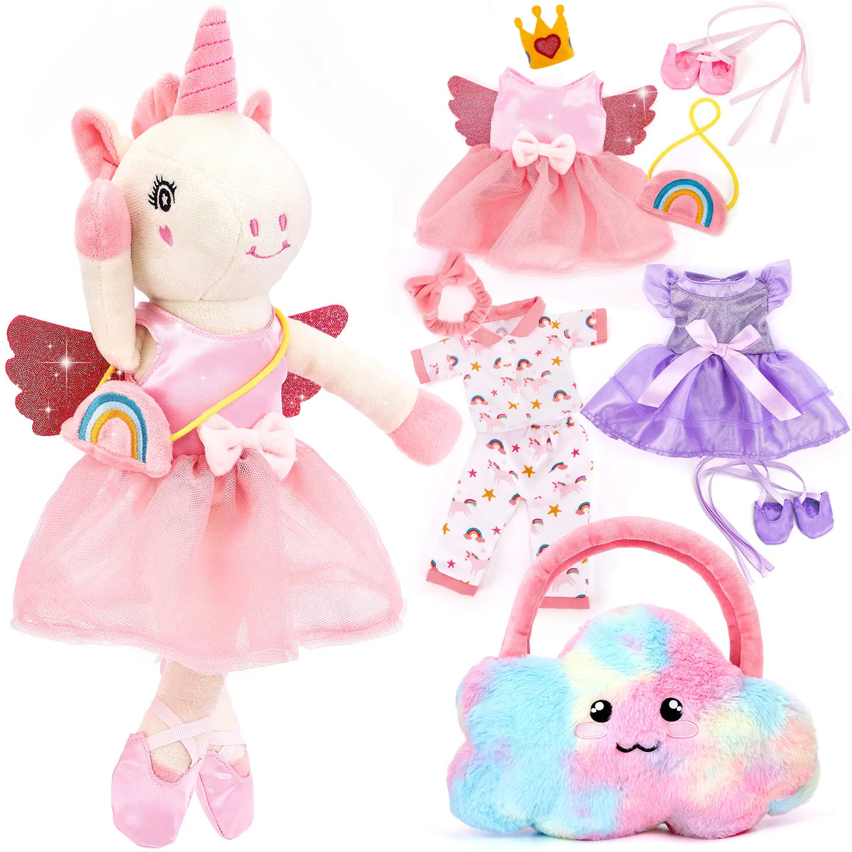 hahaland Preschool Ballerina Unicorn Plush Toy - Extra Soft Fluffy Cute Stuffed Animal with 3-Set Clothes & Rainbow Cloud Plush Bag, Kids Toys for 2-4,6 Year Olds, Confidence-Boosting Cool Gifts for Kids (Dance Recital, Graduation)