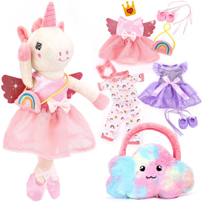hahaland Preschool Ballerina Unicorn Plush Toy - Extra Soft Fluffy Cute Stuffed Animal with 3-Set Clothes & Rainbow Cloud Plush Bag, Kids Toys for 2-4,6 Year Olds, Confidence-Boosting Cool Gifts for Kids (Dance Recital, Graduation)