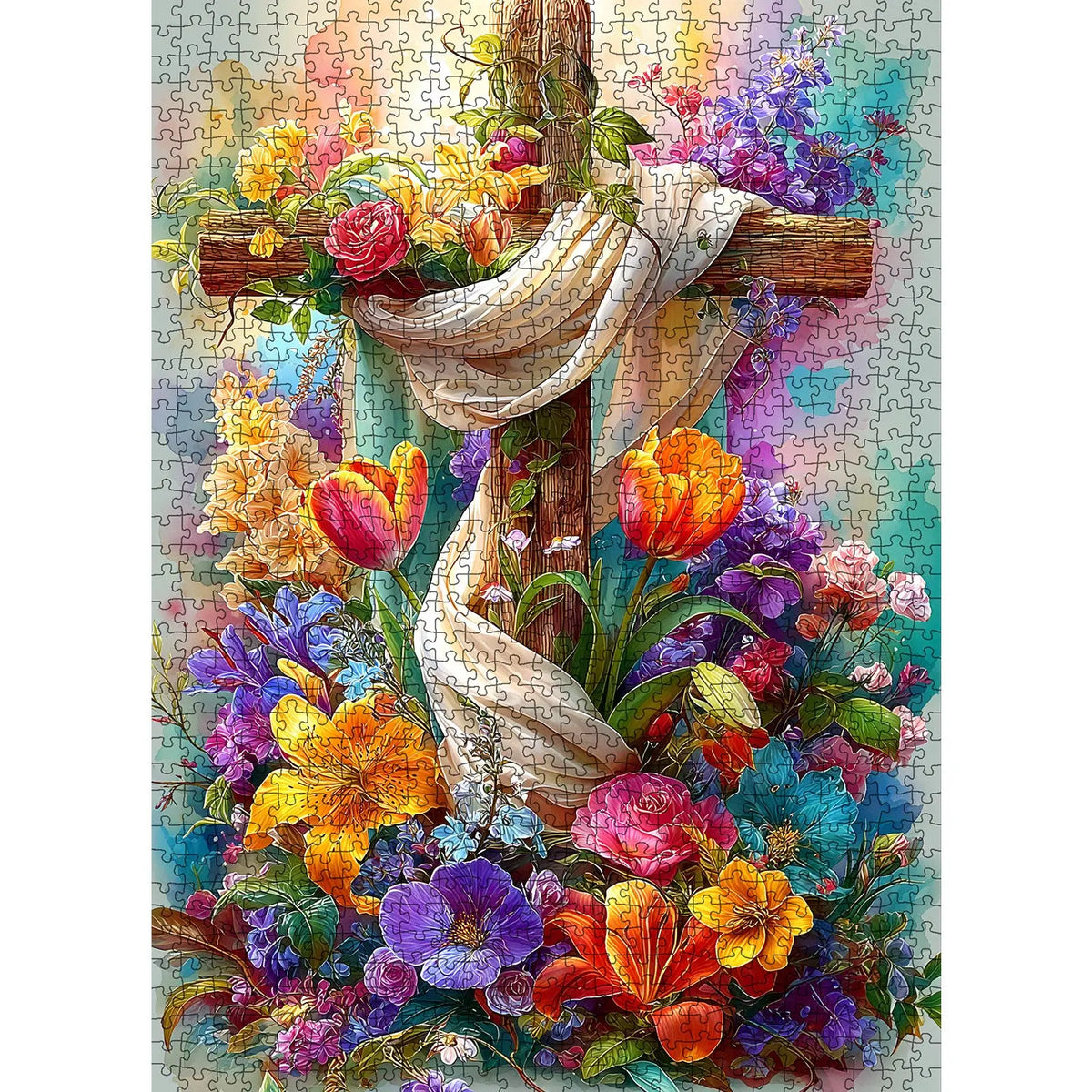 Tucocoo Floral Cross Christian 1000 Pieces Jigsaw Puzzle Wooden Cross Blooming Spring Flowers Faith Inspired Artwork for Adults, Family Game Night, Stress Relief, Brain Challenge, Wall Decor Gift for Christians, 27.5x20inch(70x50cm)
