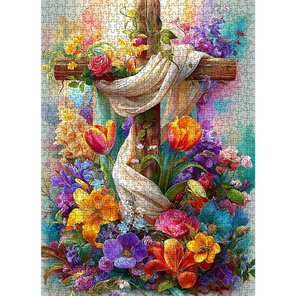 Tucocoo Floral Cross Christian 1000 Pieces Jigsaw Puzzle Wooden Cross Blooming Spring Flowers Faith Inspired Artwork for Adults, Family Game Night, Stress Relief, Brain Challenge, Wall Decor Gift for Christians, 27.5x20inch(70x50cm)
