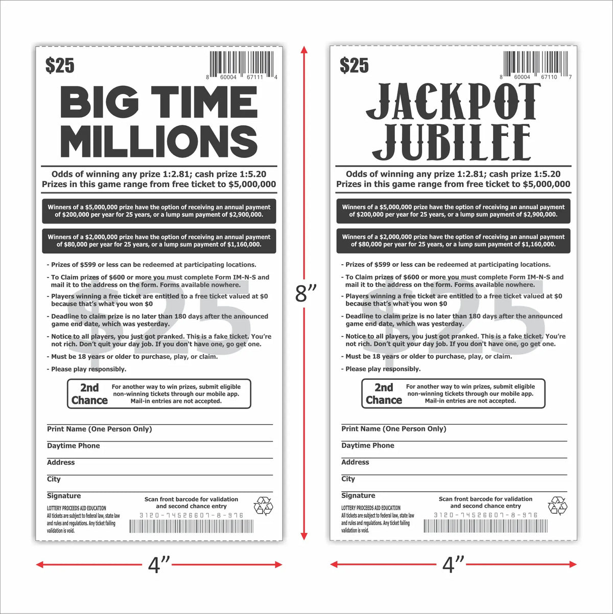 Prank Gag Fake Lottery Tickets Billetes de lotería de broma - 8 Total Tickets, 4 of Each Winning Ticket Design, These Scratch Off Cards Look Super Real Like A Real Scratcher Joke Lotto Ticket, Win 10,000 or $50,000