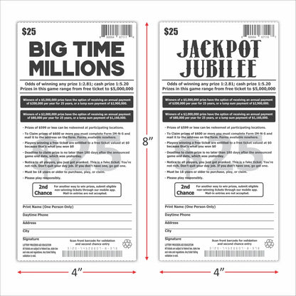 Prank Gag Fake Lottery Tickets Billetes de lotería de broma - 8 Total Tickets, 4 of Each Winning Ticket Design, These Scratch Off Cards Look Super Real Like A Real Scratcher Joke Lotto Ticket, Win 10,000 or $50,000