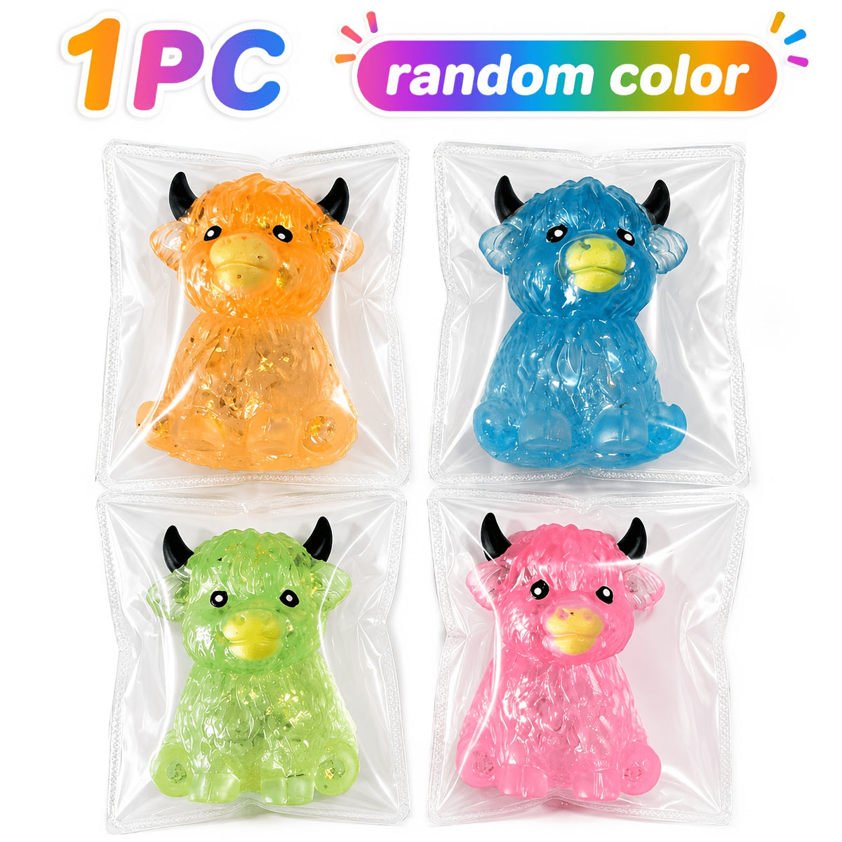1/2pcs Cute Glitter Highland Cow Squeeze Toy, Transparent Maltose Gel Squishy Toy, Cartoon Animal Hand Play Toy, Kids Party Bag Fillers, Random Color, Classroom Rewards, Birthday Holiday Gift Supplies, Novel And Funny Prank Toys