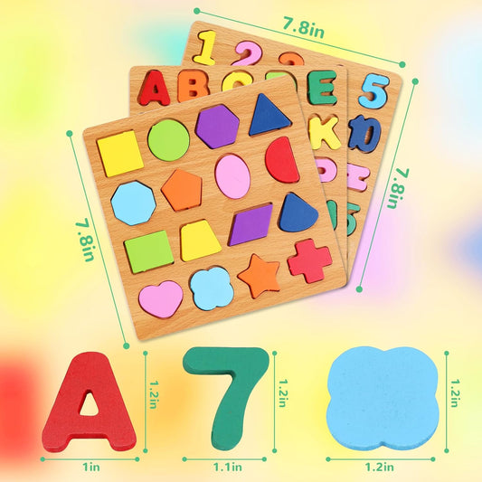 Wooden Puzzles for Kids Ages 3-5, 3 Pack ABC Number and Shape Learning Toys