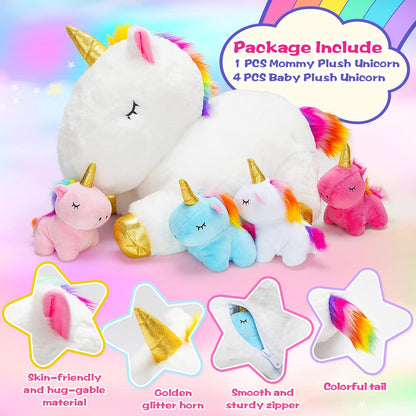 KMUYSL Mommy Plush Toys with 4 Babies, Stuffed Animal for Kids, Unicorn