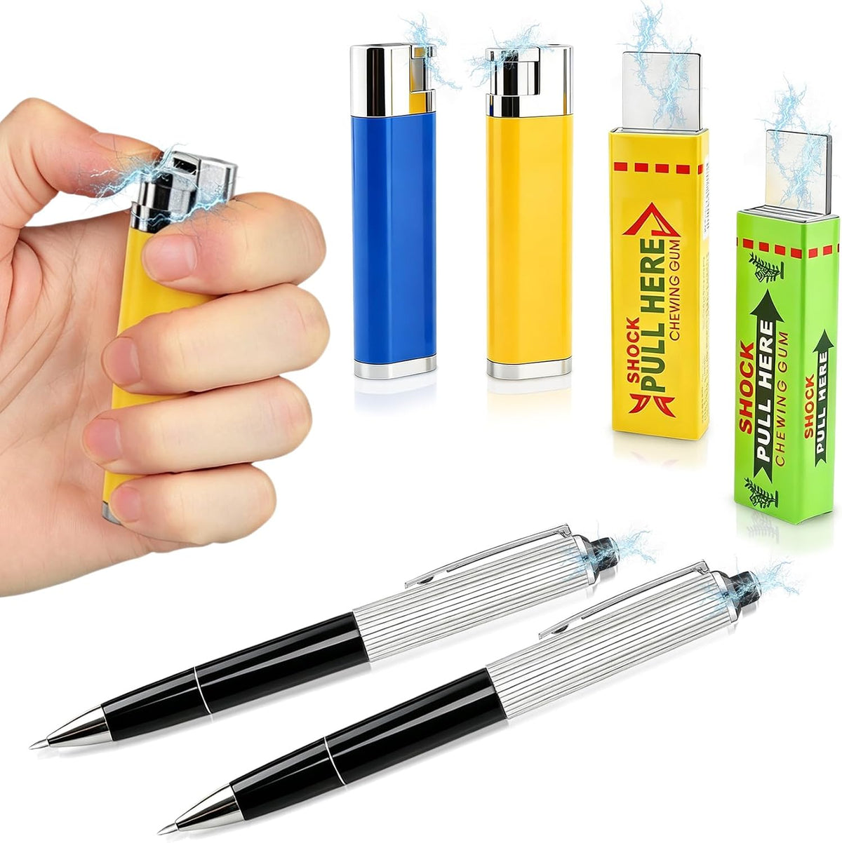 Pushmick 6 PCS Prank Toys, Fun Electric Shock Toys Such as pens, lighters, and Chewing Gum, indispensable Tools for Teasing Friends and Suitable for Parties and Humor.