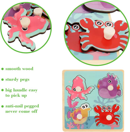 Wooden Peg Puzzles for Toddlers 1-3, Kids' Educational Preschool Peg Puzzle Toy, Set of 4 Toddler Puzzles - Farm, Dinosaur, Fruit and Marine Animals, Ideal Gift for Ages 1 2 3 Boys and Girls