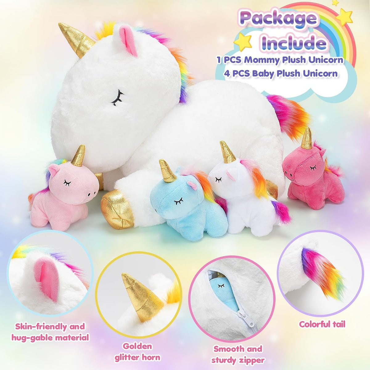 Unicorn Toys for Girls, Unicorn Mommy Stuffed Animal with 4 Baby Unicorns
