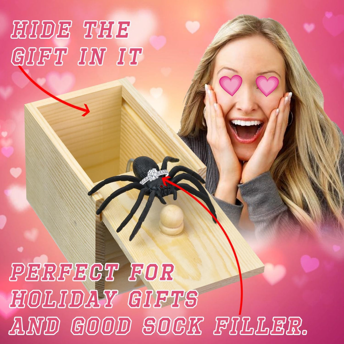 PARNIXS Surprise Spider Prank Box，Handcrafted Spider in a Box Stocking Stuffers,New Year's Surprise Toy and Gag Gift Practical Joke for Adults Men Women Birthday