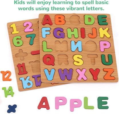 Wooden Puzzles for Kids Ages 3-5, 3 Pack ABC Number and Shape Learning Toys
