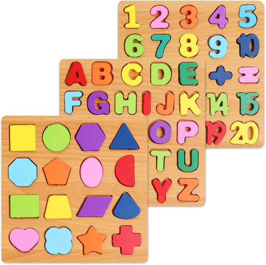 Wooden Puzzles for Kids Ages 3-5, 3 Pack ABC Number and Shape Learning Toys