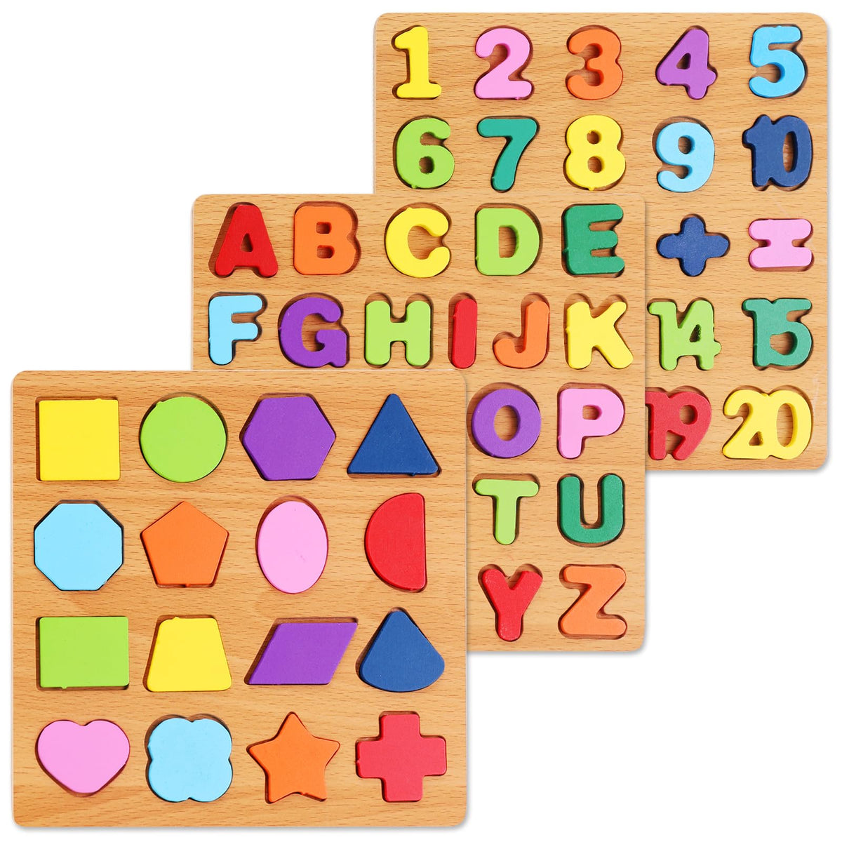 Wooden Puzzles for Kids Ages 3-5, 3 Pack ABC Number and Shape Learning Toys