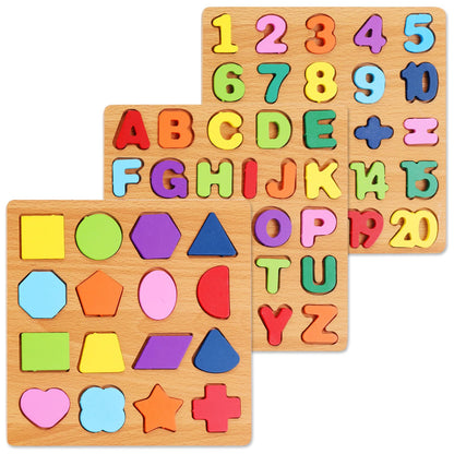 Wooden Puzzles for Kids Ages 3-5, 3 Pack ABC Number and Shape Learning Toys