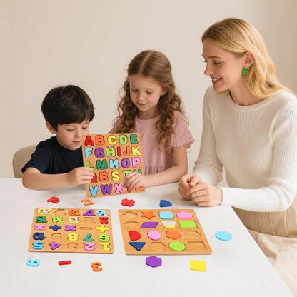Wooden Puzzles for Kids Ages 3-5, 3 Pack ABC Number and Shape Learning Toys