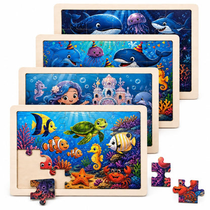 Wooden Educational Jigsaw Puzzles for Preschool Kids Ages 3-5, 4-Pack with 20 Pieces Dinosaur, Space, Transportation Wood Puzzles Set, Kids Brain Teaser Toys, Gifts for Boys Girls Ages 3 4 5 6