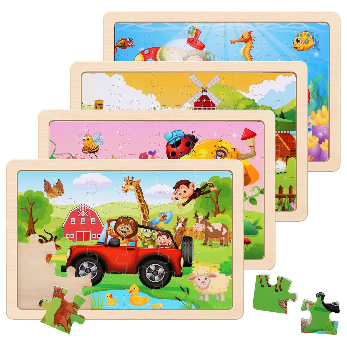 Wooden Educational Jigsaw Puzzles for Preschool Kids Ages 3-5, 4-Pack with 20 Pieces Dinosaur, Space, Transportation Wood Puzzles Set, Kids Brain Teaser Toys, Gifts for Boys Girls Ages 3 4 5 6