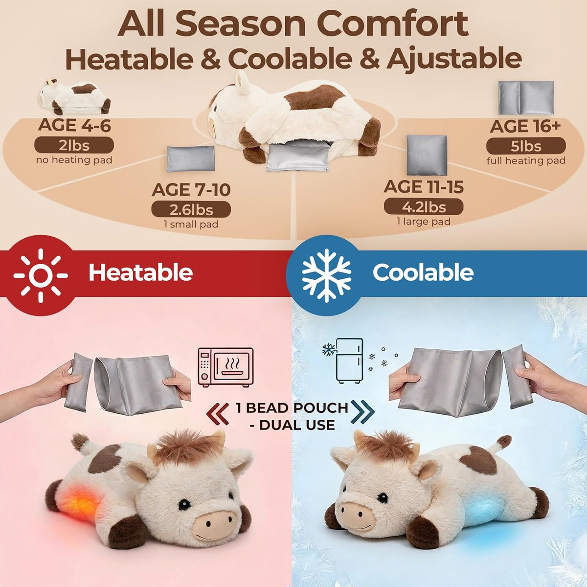 Mewaii Weighted Stuffed Animals Cow Plush, Heatable Coolable, 2-5lbs, 23in