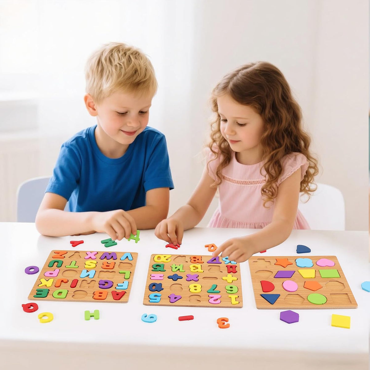 Wooden Puzzles for Kids Ages 3-5, 3 Pack ABC Number and Shape Learning Toys