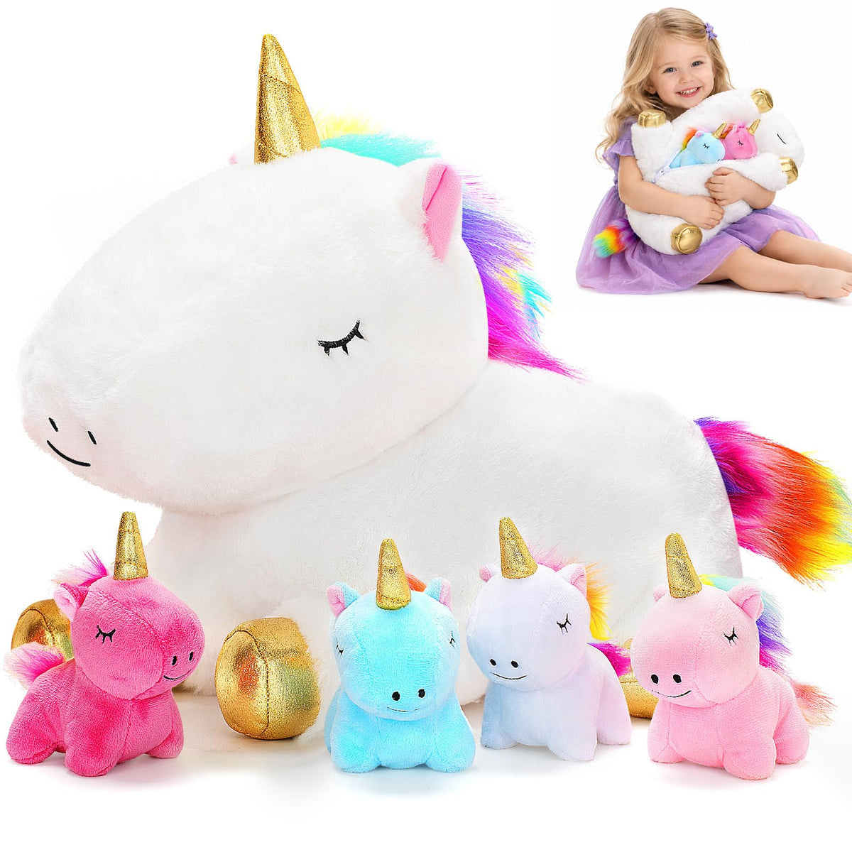 Unicorn Toys for Girls, Unicorn Mommy Stuffed Animal with 4 Baby Unicorns