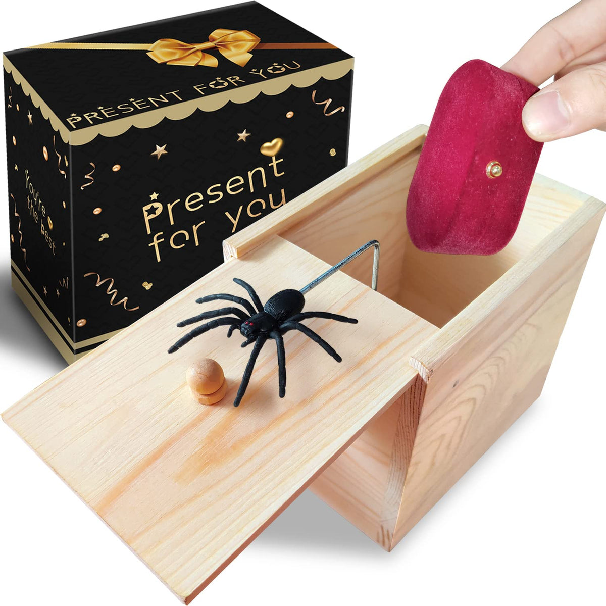 PARNIXS Surprise Spider Prank Box，Handcrafted Spider in a Box Stocking Stuffers,New Year's Surprise Toy and Gag Gift Practical Joke for Adults Men Women Birthday
