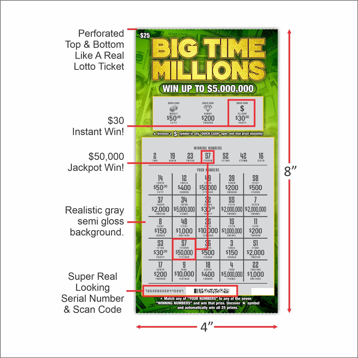 Prank Gag Fake Lottery Tickets Billetes de lotería de broma - 8 Total Tickets, 4 of Each Winning Ticket Design, These Scratch Off Cards Look Super Real Like A Real Scratcher Joke Lotto Ticket, Win 10,000 or $50,000