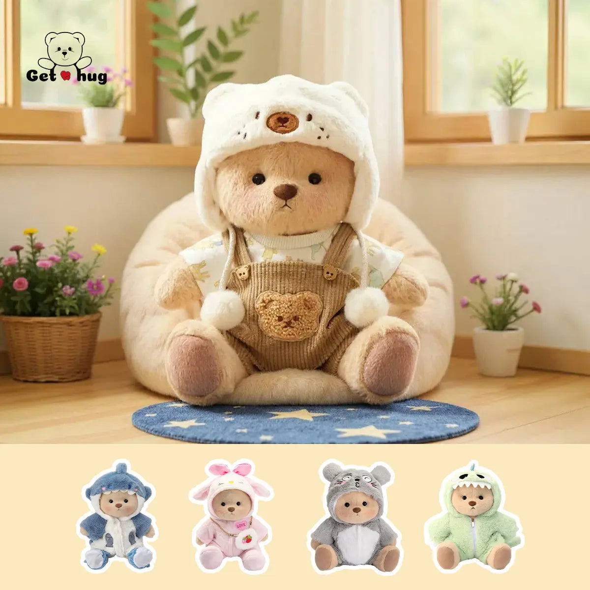 Getahug 12-in Medium Teddybear Stuffed Animal - Cute and Cuddly Hug Me Plushie with Interchangeable Outfits (Hat, Blue Shark, Pink Dinosaur, Elephant, Heart-Shape Sweater) - Unique Gifts for Girlfriend