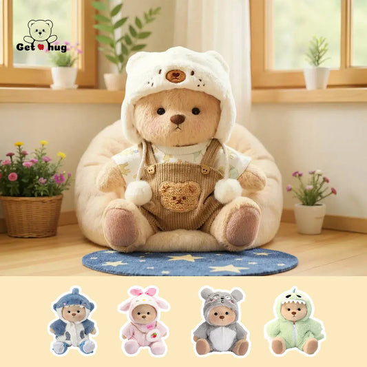Getahug 12-in Medium Teddybear Stuffed Animal - Cute and Cuddly Hug Me Plushie with Interchangeable Outfits (Hat, Blue Shark, Pink Dinosaur, Elephant, Heart-Shape Sweater) - Unique Gifts for Girlfriend