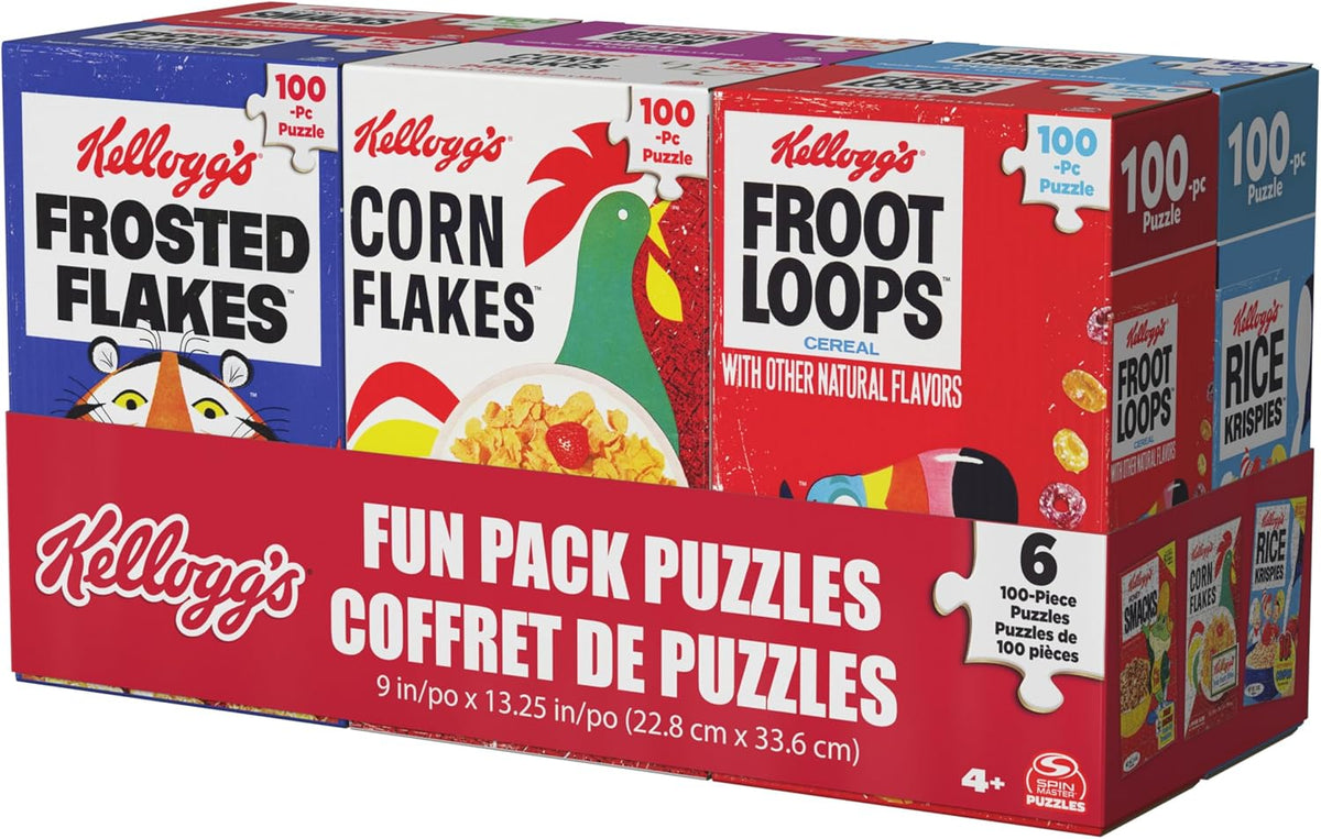 Spin Master Games, Kellogg's Cereal 100-Piece Puzzles 6-Pack, Square Cereal Boxes Puzzle Gift Set, Froot Loops, Rice Krispies, Raisin Bran, Corn Flakes, Frosted Flakes, Honey Smacks for Ages 4 & Up