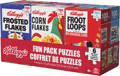 Spin Master Games, Kellogg's Cereal 100-Piece Puzzles 6-Pack, Square Cereal Boxes Puzzle Gift Set, Froot Loops, Rice Krispies, Raisin Bran, Corn Flakes, Frosted Flakes, Honey Smacks for Ages 4 & Up