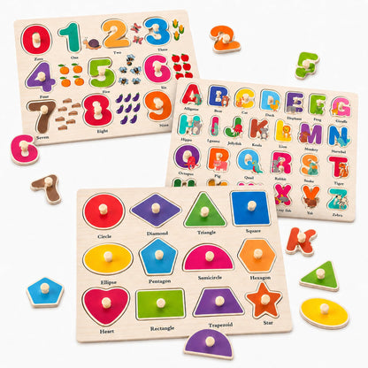 Wooden Puzzles for Kids Ages 3-5, 3 Pack ABC Number and Shape Learning Toys