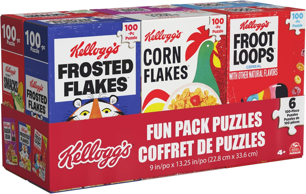 Spin Master Games, Kellogg's Cereal 100-Piece Puzzles 6-Pack, Square Cereal Boxes Puzzle Gift Set, Froot Loops, Rice Krispies, Raisin Bran, Corn Flakes, Frosted Flakes, Honey Smacks for Ages 4 & Up