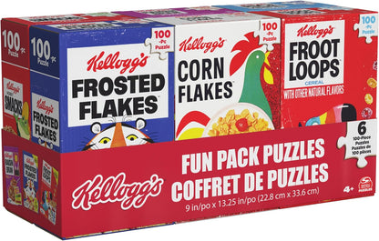 Spin Master Games, Kellogg's Cereal 100-Piece Puzzles 6-Pack, Square Cereal Boxes Puzzle Gift Set, Froot Loops, Rice Krispies, Raisin Bran, Corn Flakes, Frosted Flakes, Honey Smacks for Ages 4 & Up