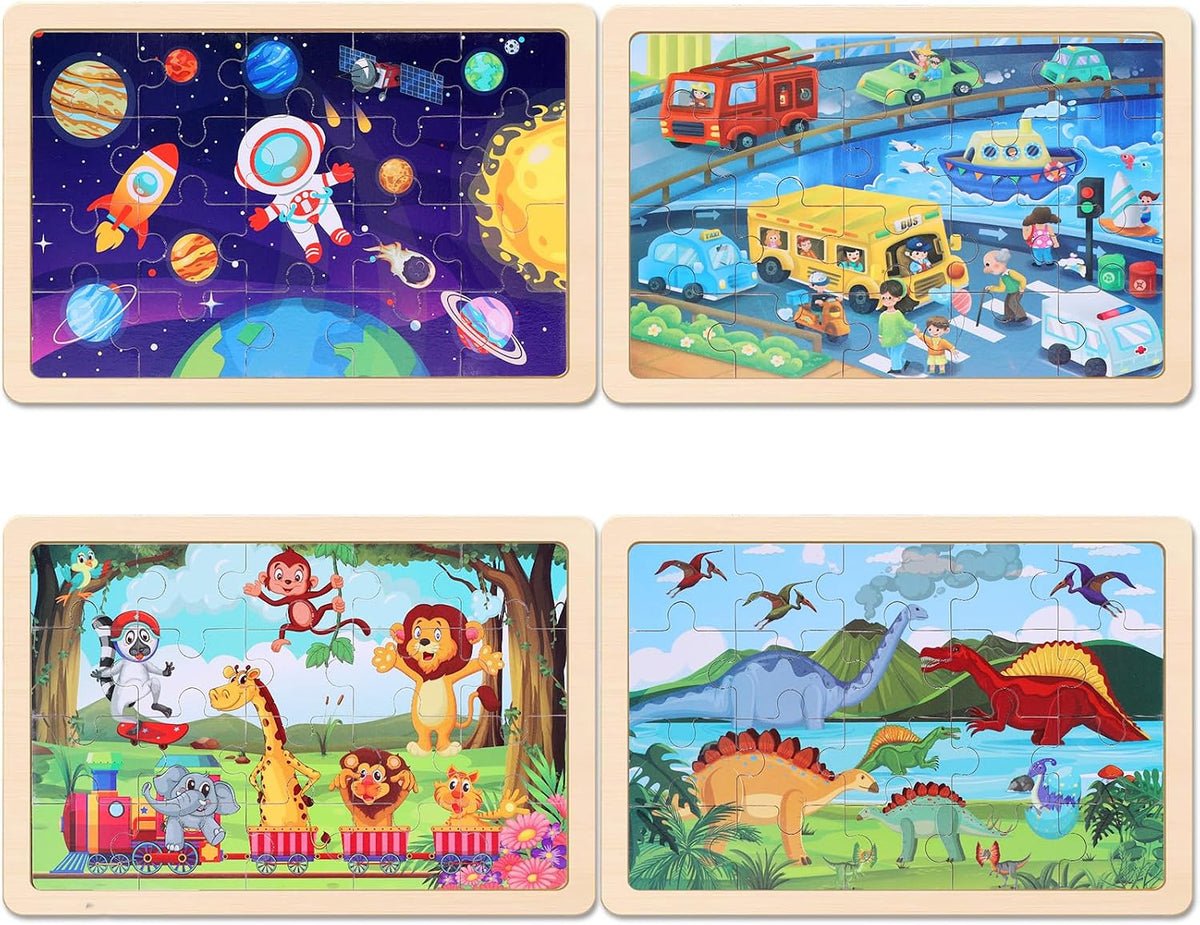 Wooden Educational Jigsaw Puzzles for Preschool Kids Ages 3-5, 4-Pack with 20 Pieces Dinosaur, Space, Transportation Wood Puzzles Set, Kids Brain Teaser Toys, Gifts for Boys Girls Ages 3 4 5 6