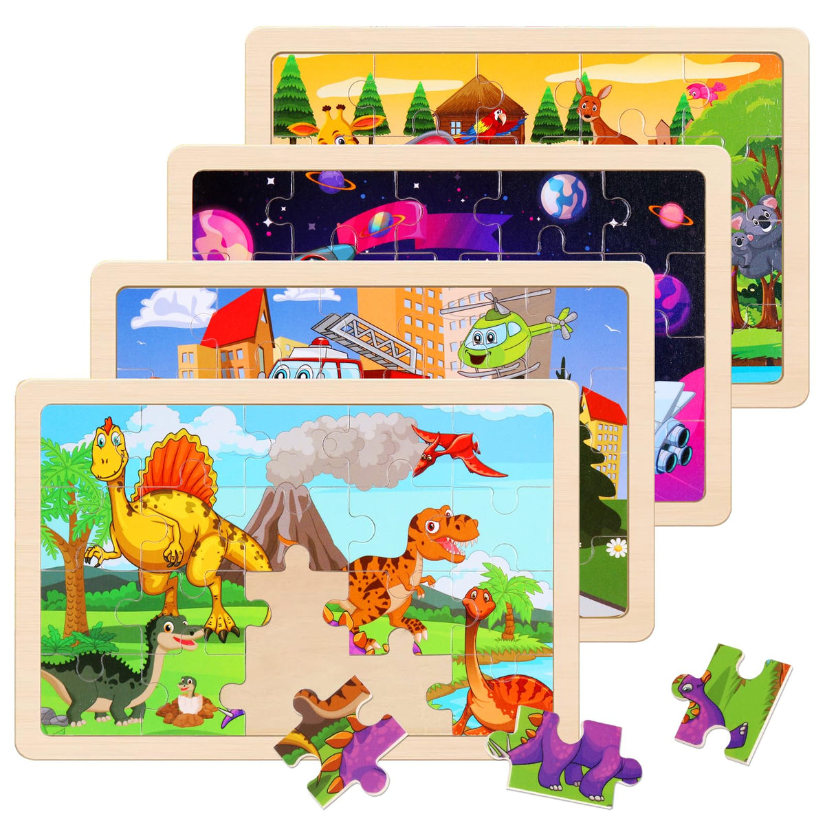Wooden Puzzles Dinosaur Toys for Kids Ages 3-5, Set of 4 Packs with 20-Piece Wood Jigsaw Puzzles, Preschool Educational Brain Teaser Boards for Boys and Girls 3 4 5 6 Years Old