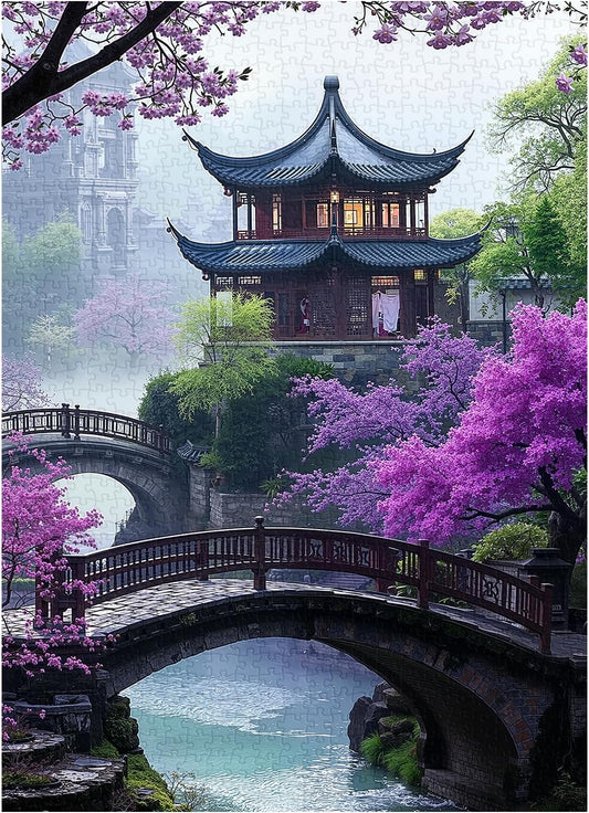 PICKFORU Plum Blossom Dreamscape Puzzles for Adults 1000 Pieces, Vintage Flower Tree 1000 piece Puzzle for Adults, Impossible Unique Lake Park Theme as Home Decor