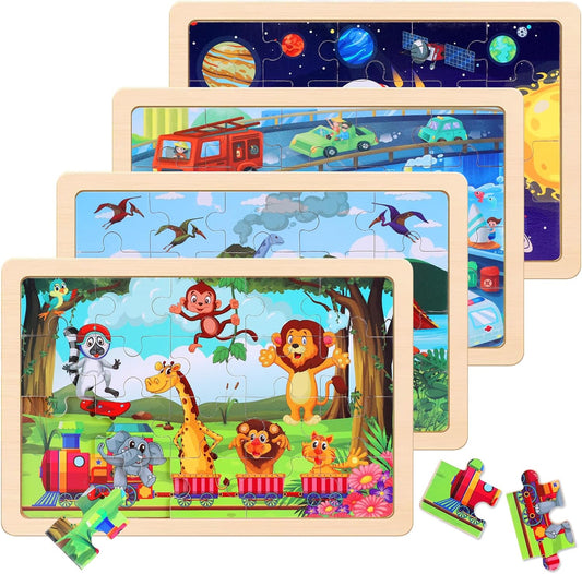 Wooden Educational Jigsaw Puzzles for Preschool Kids Ages 3-5, 4-Pack with 20 Pieces Dinosaur, Space, Transportation Wood Puzzles Set, Kids Brain Teaser Toys, Gifts for Boys Girls Ages 3 4 5 6