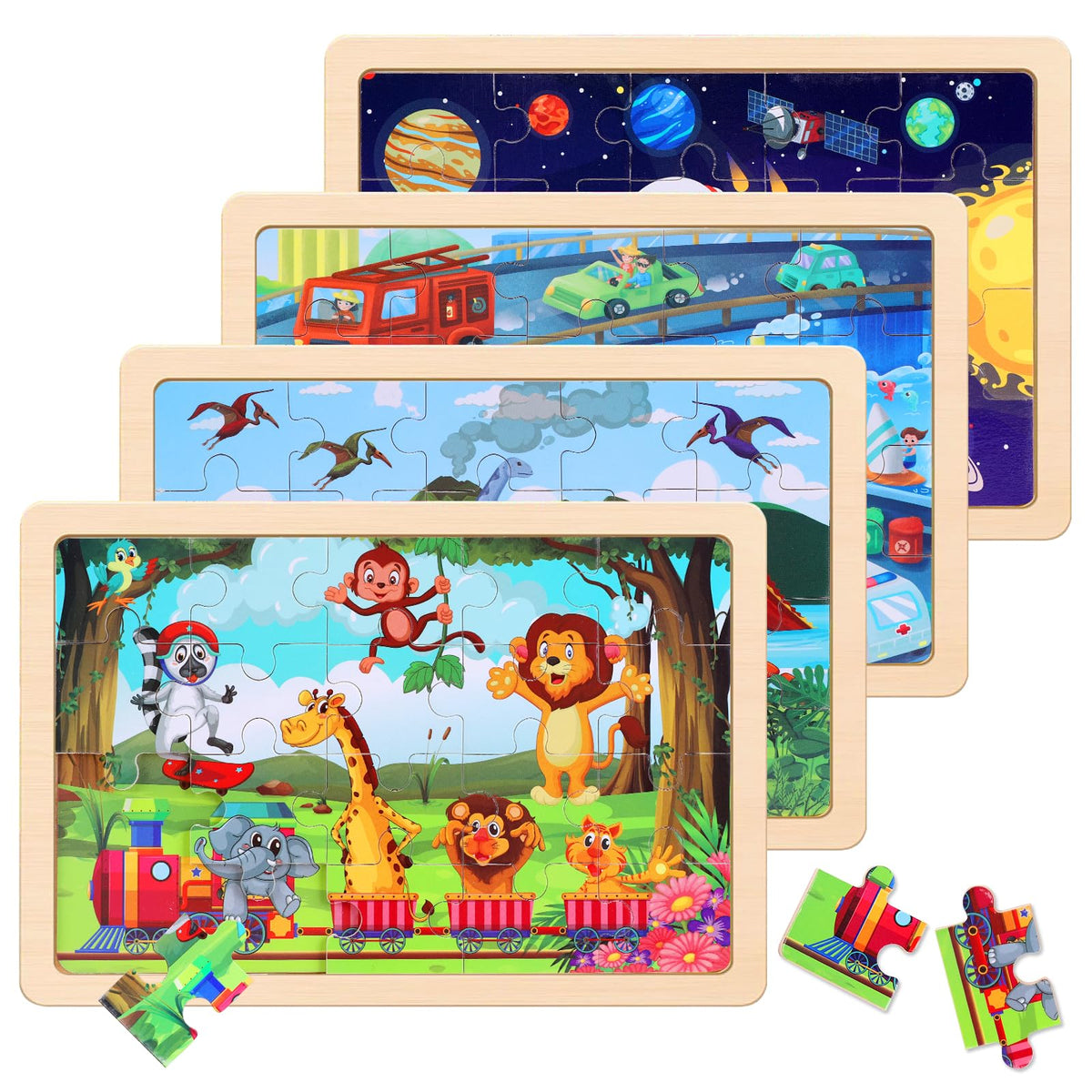 Wooden Puzzles Dinosaur Toys for Kids Ages 3-5, Set of 4 Packs with 20-Piece Wood Jigsaw Puzzles, Preschool Educational Brain Teaser Boards for Boys and Girls 3 4 5 6 Years Old