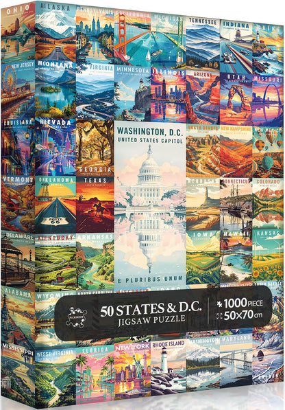 50 States & Washington, D.C. Jigsaw Puzzles for Adults 1000 Pieces, United States 1000 Piece Puzzle, Travel Poster Design of Family Puzzle,challenging Puzzle,USA States Puzzle
