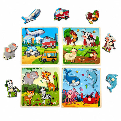 Wooden Peg Puzzles for Toddlers 1-3, Kids' Educational Preschool Peg Puzzle Toy, Set of 4 Toddler Puzzles - Farm, Dinosaur, Fruit and Marine Animals, Ideal Gift for Ages 1 2 3 Boys and Girls