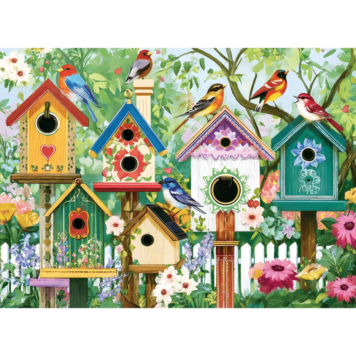 Colorful Birdhouses & Vibrant Birds 500 Piece Jigsaw Puzzle, Family Game