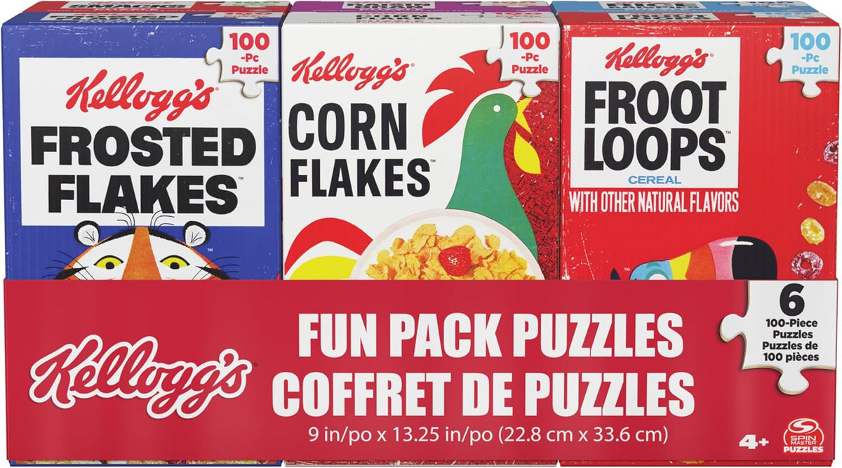 Spin Master Games, Kellogg's Cereal 100-Piece Puzzles 6-Pack, Square Cereal Boxes Puzzle Gift Set, Froot Loops, Rice Krispies, Raisin Bran, Corn Flakes, Frosted Flakes, Honey Smacks for Ages 4 & Up