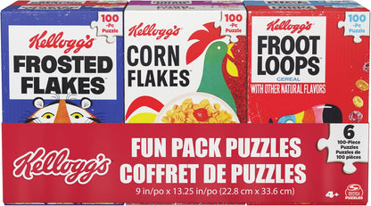 Spin Master Games, Kellogg's Cereal 100-Piece Puzzles 6-Pack, Square Cereal Boxes Puzzle Gift Set, Froot Loops, Rice Krispies, Raisin Bran, Corn Flakes, Frosted Flakes, Honey Smacks for Ages 4 & Up